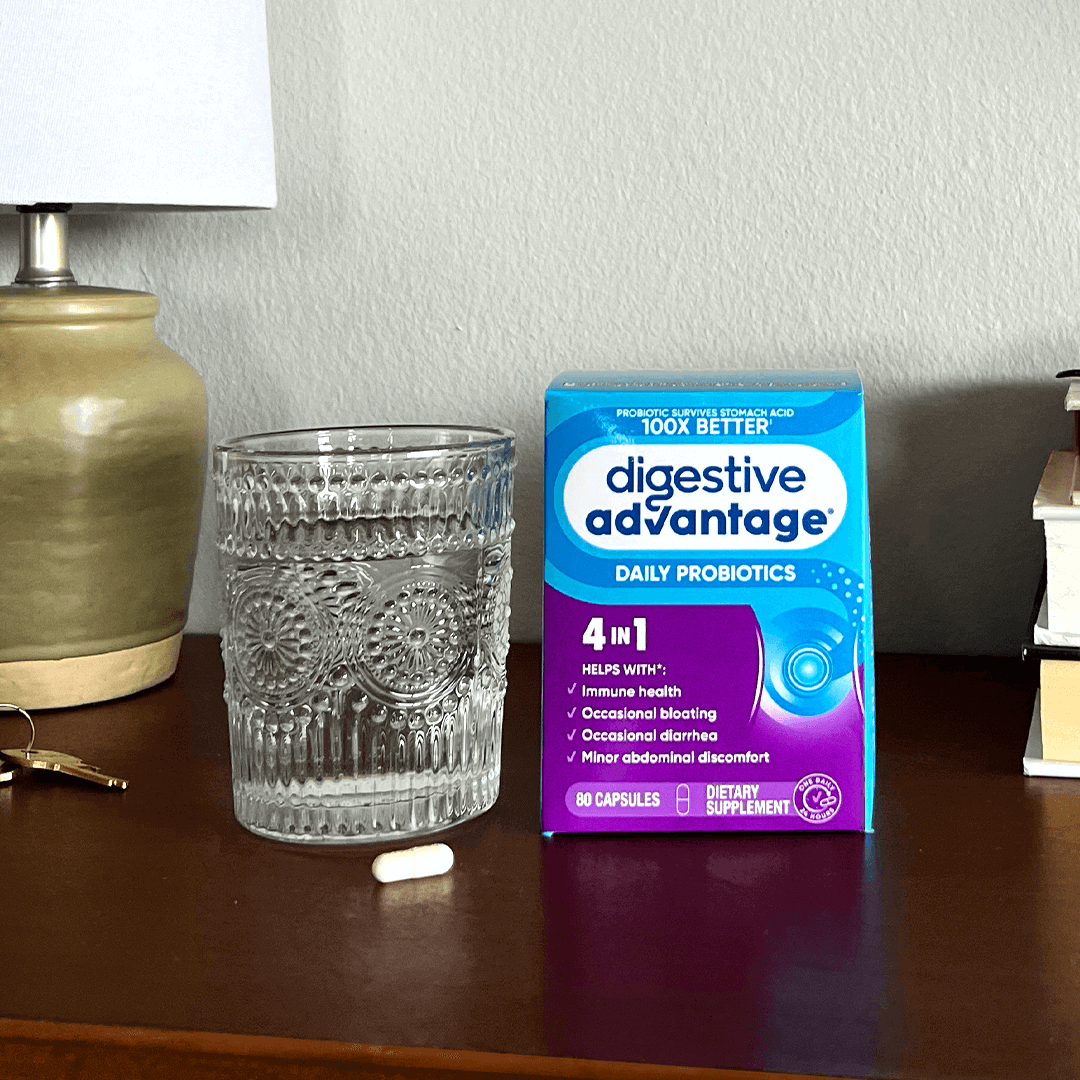 A picture of Digestive daily probiotics with water glass