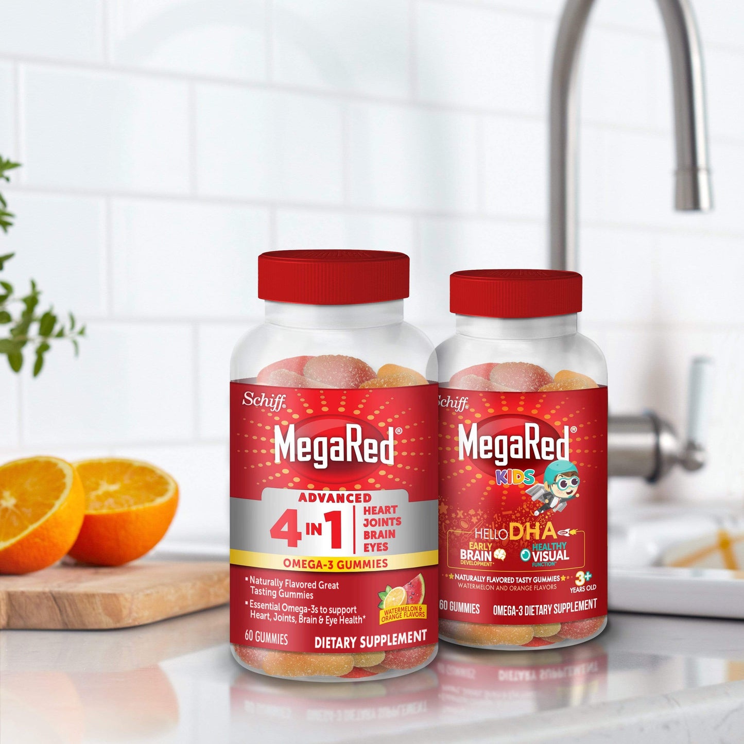 Two bottles of MegaRed 4in1 Omega-3 Adult Gummies on a kitchen countertop